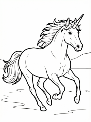 Free printable coloring page showing a realistic unicorn galloping, perfect for kids to practice creativity and fine motor skills