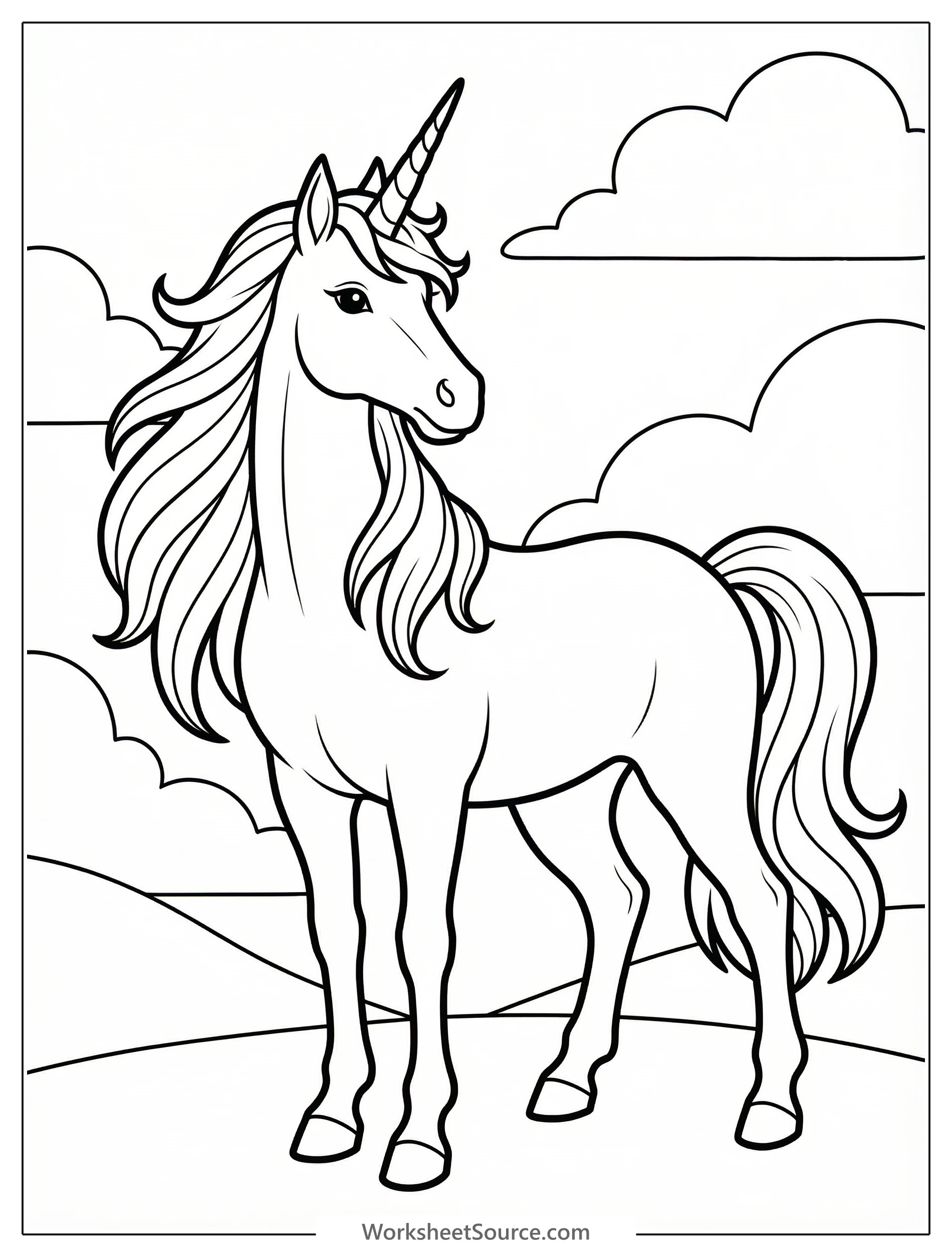 Malvorlage eines majestätischen Einhorns in stolzer Pose mit wehender Mähne und erhobenem Haupt.