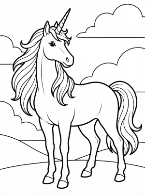 Free printable coloring page showing a regal unicorn standing with flowing mane, perfect for kids to practice creativity and fine motor skills