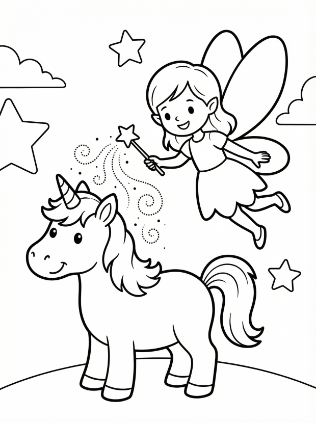 Free printable coloring page showing a unicorn with a fairy sprinkling fairy dust, perfect for kids to practice creativity and fine motor skills