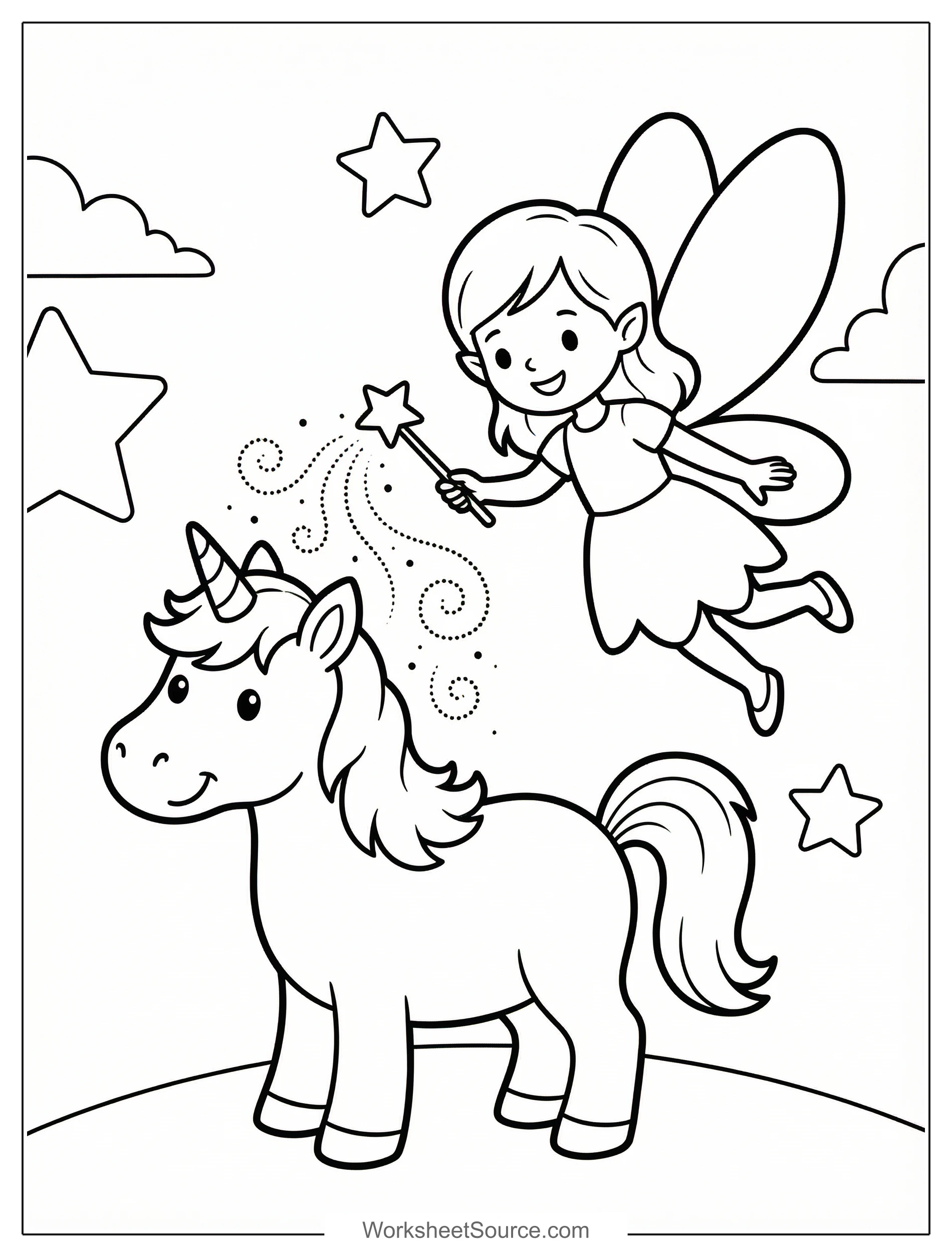 Free printable coloring page showing a unicorn with a fairy sprinkling fairy dust, perfect for kids to practice creativity and fine motor skills