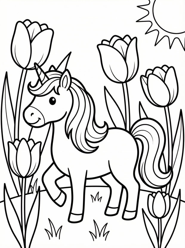 Free printable coloring page showing a unicorn among tulips, perfect for kids to practice coloring coordination and creativity