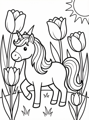 Free printable coloring page showing a unicorn among tulips, perfect for kids to practice coloring coordination and creativity