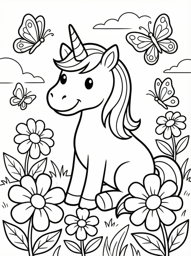 Free printable coloring page showing a unicorn with butterflies in flowers, perfect for kids to practice color recognition and fine motor skills