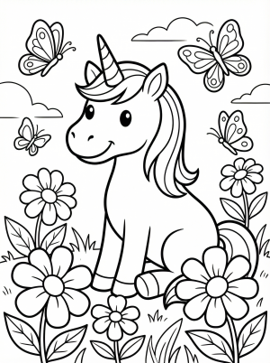 Free printable coloring page showing a unicorn with butterflies in flowers, perfect for kids to practice color recognition and fine motor skills