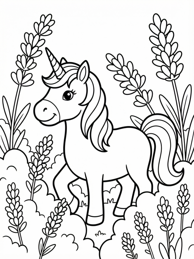 Free printable coloring page showing a unicorn among lavender blooms, perfect for kids to practice creativity and fine motor skills