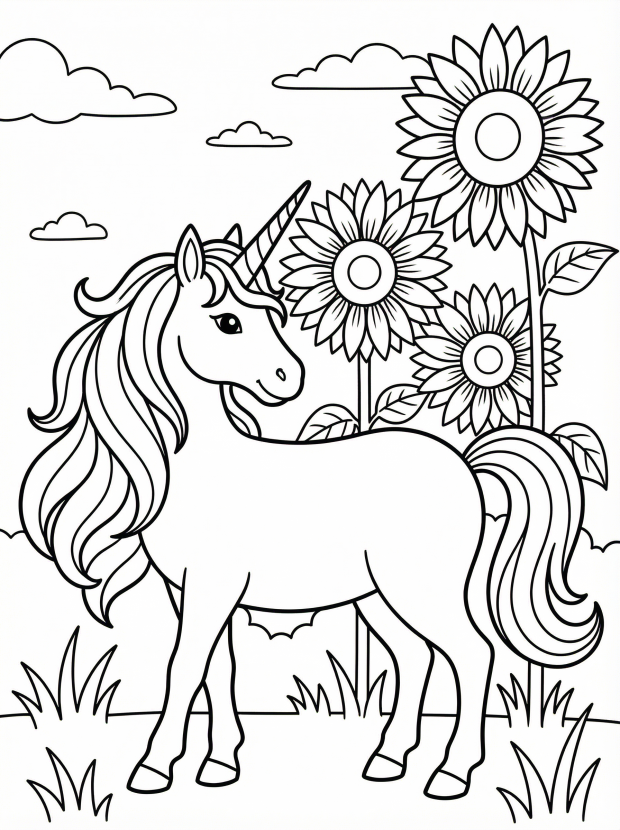 Free printable coloring page showing a unicorn standing beside tall sunflowers, perfect for kids to practice coloring and creativity
