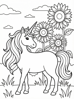 Free printable coloring page showing a unicorn standing beside tall sunflowers, perfect for kids to practice coloring and creativity