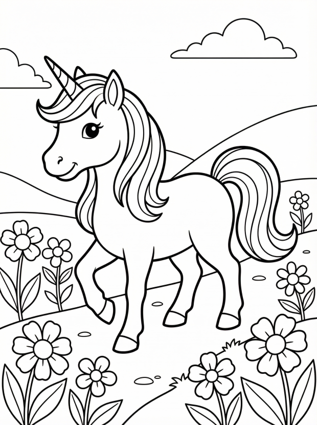 Free printable coloring page showing a unicorn walking along a flower path, perfect for kids to practice creativity and fine motor skills
