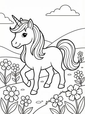 Free printable coloring page showing a unicorn walking along a flower path, perfect for kids to practice creativity and fine motor skills