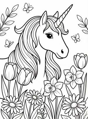 Free printable coloring page showing a unicorn surrounded by flowers and butterflies, perfect for kids to practice creativity and fine motor skills