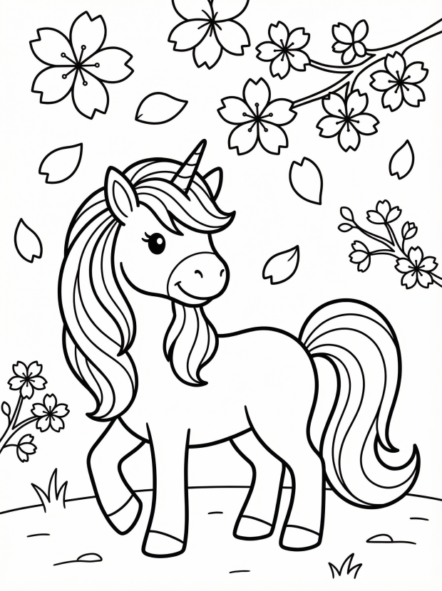 Free printable coloring page showing a unicorn amid cherry blossoms, perfect for kids to practice coloring and improve fine motor skills