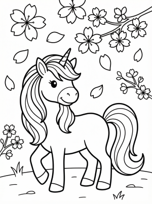 Free printable coloring page showing a unicorn amid cherry blossoms, perfect for kids to practice coloring and improve fine motor skills