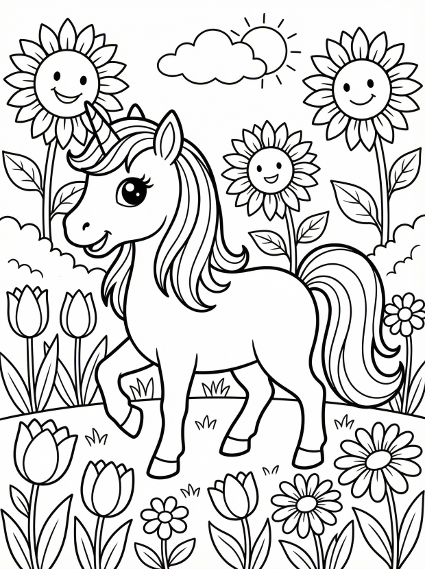 Free printable coloring page showing a unicorn in a flower garden, perfect for kids to practice creativity and fine motor skills
