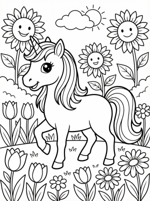 Free printable coloring page showing a unicorn in a flower garden, perfect for kids to practice creativity and fine motor skills