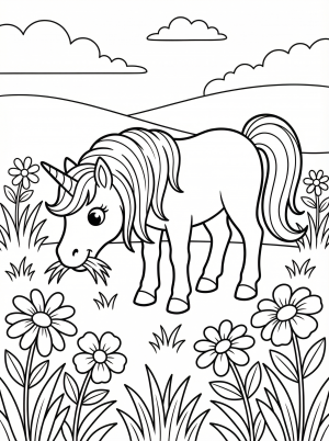Free printable coloring page showing a unicorn grazing in a wildflower meadow, perfect for kids to practice coloring and spark imagination