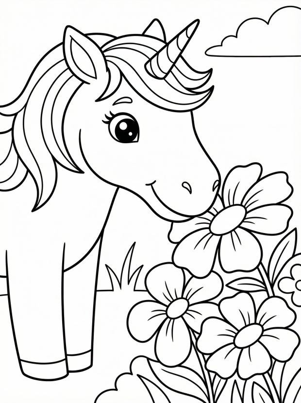 Free printable coloring page showing a unicorn smelling flowers, perfect for kids to practice fine motor skills and creativity