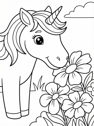 Free printable coloring page showing a unicorn smelling flowers, perfect for kids to practice fine motor skills and creativity