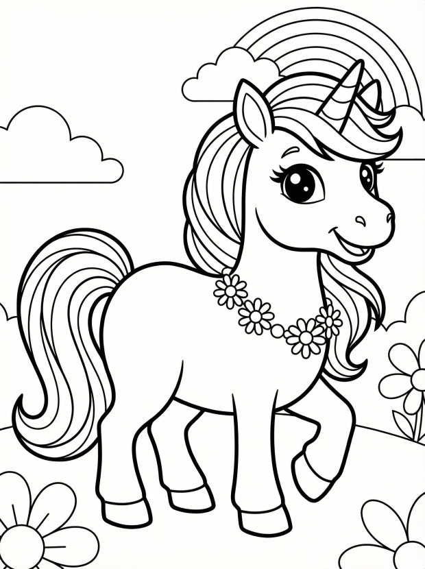 Free printable coloring page showing a smiling unicorn wearing a daisy chain, perfect for kids to practice coloring and creativity