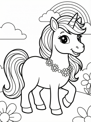 Free printable coloring page showing a smiling unicorn wearing a daisy chain, perfect for kids to practice coloring and creativity