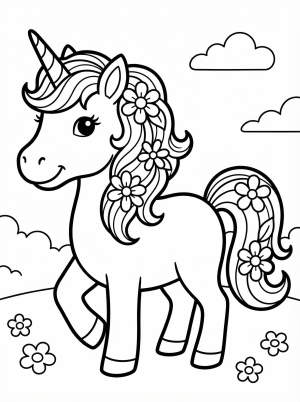 Free printable coloring page showing a unicorn with a flower filled mane, perfect for kids to practice creativity and fine motor skills