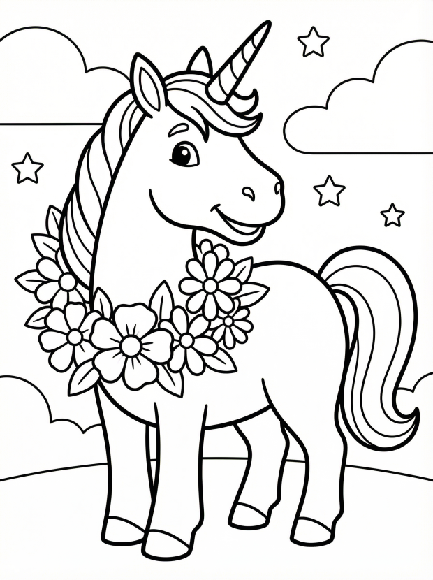 Free printable coloring page showing a unicorn with a flower wreath, perfect for kids to practice creativity and fine motor skills