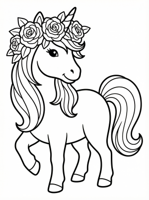 Free printable coloring page showing a unicorn with a rose crown, perfect for kids to practice creativity and fine motor skills