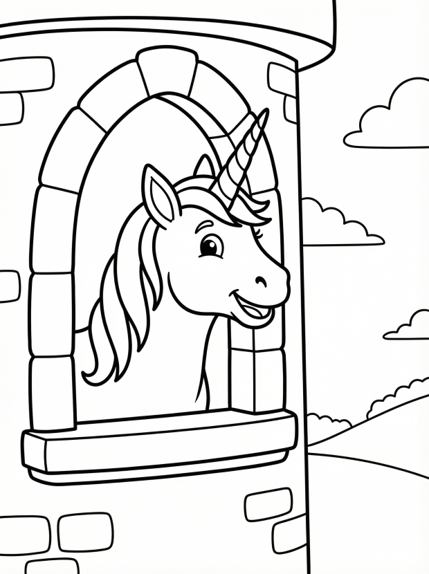 Free printable coloring page showing a unicorn peeking from a castle window, perfect for kids to practice coloring and imagination