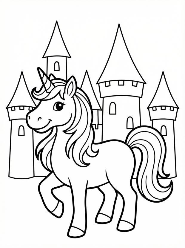 Free printable coloring page showing a unicorn in front of castle towers, perfect for kids to practice creativity and hand control