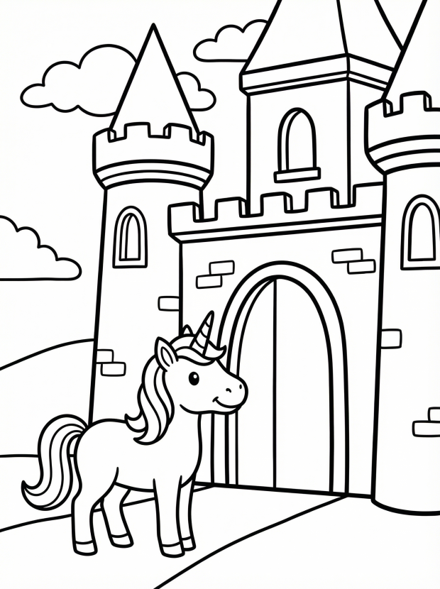Free printable coloring page showing a unicorn at a castle entrance, perfect for kids to practice coloring and spark imagination.
