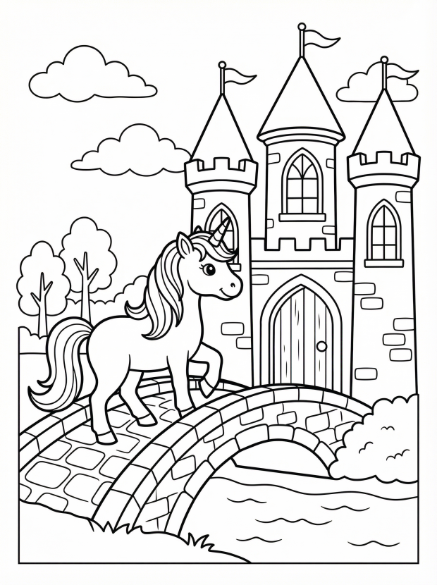 Free printable coloring page showing a unicorn crossing a stone bridge to a castle with a moat, perfect for kids to practice creativity and focus