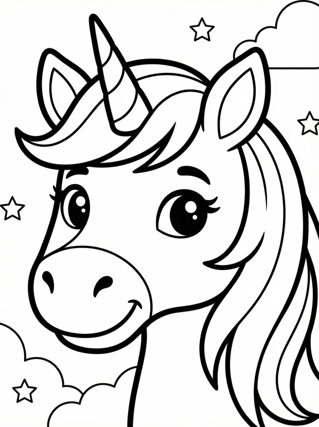 Free printable coloring page showing a unicorn face close up, perfect for kids to practice coloring and build fine motor skills