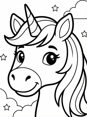 Free printable coloring page showing a unicorn face close up, perfect for kids to practice coloring and build fine motor skills