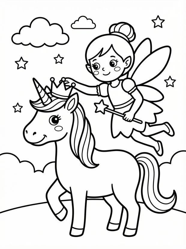 Free printable coloring page showing a fairy placing a crown on a unicorn, perfect for kids to practice creativity and fine motor skills