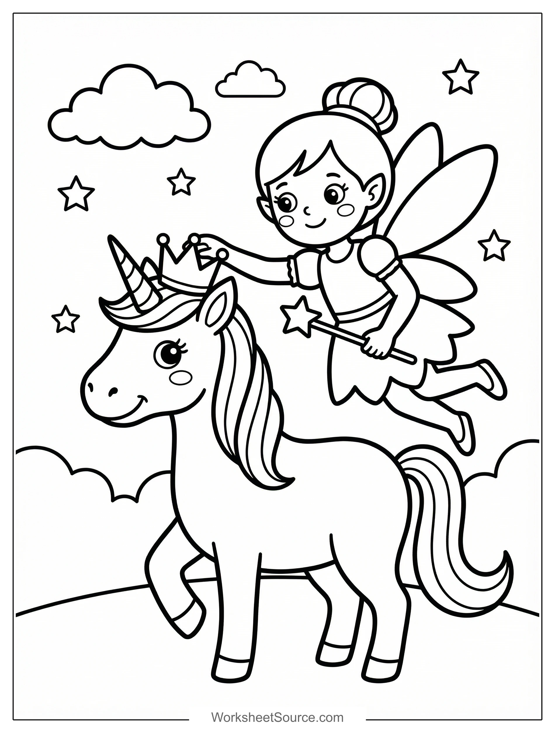 Free printable coloring page showing a fairy placing a crown on a unicorn, perfect for kids to practice creativity and fine motor skills