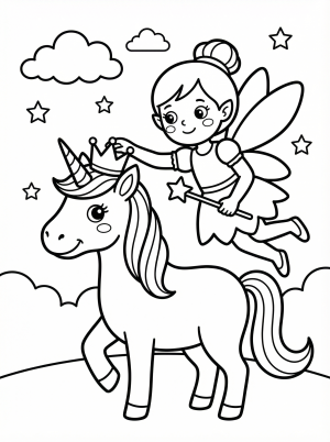 Free printable coloring page showing a fairy placing a crown on a unicorn, perfect for kids to practice creativity and fine motor skills