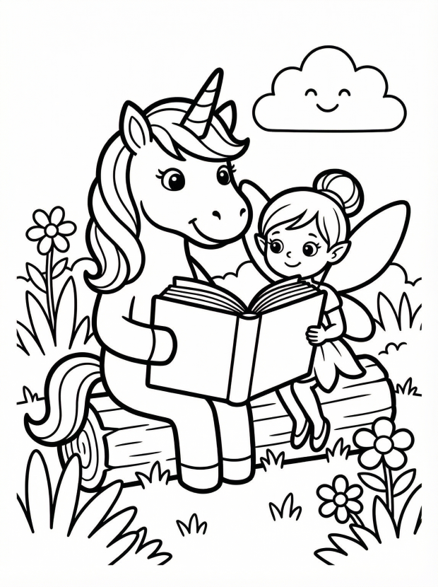 Free printable coloring page showing a unicorn and fairy reading together, perfect for kids to practice fine motor skills and storytelling.