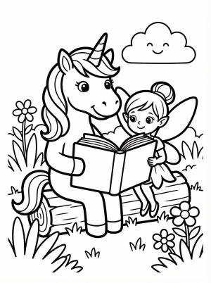 Free printable coloring page showing a unicorn and fairy reading together, perfect for kids to practice fine motor skills and storytelling.