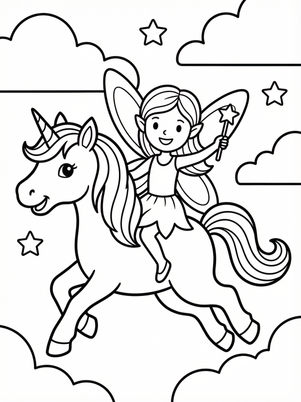 Free printable coloring page showing a unicorn giving a fairy a ride, perfect for kids to practice creativity and fine motor skills