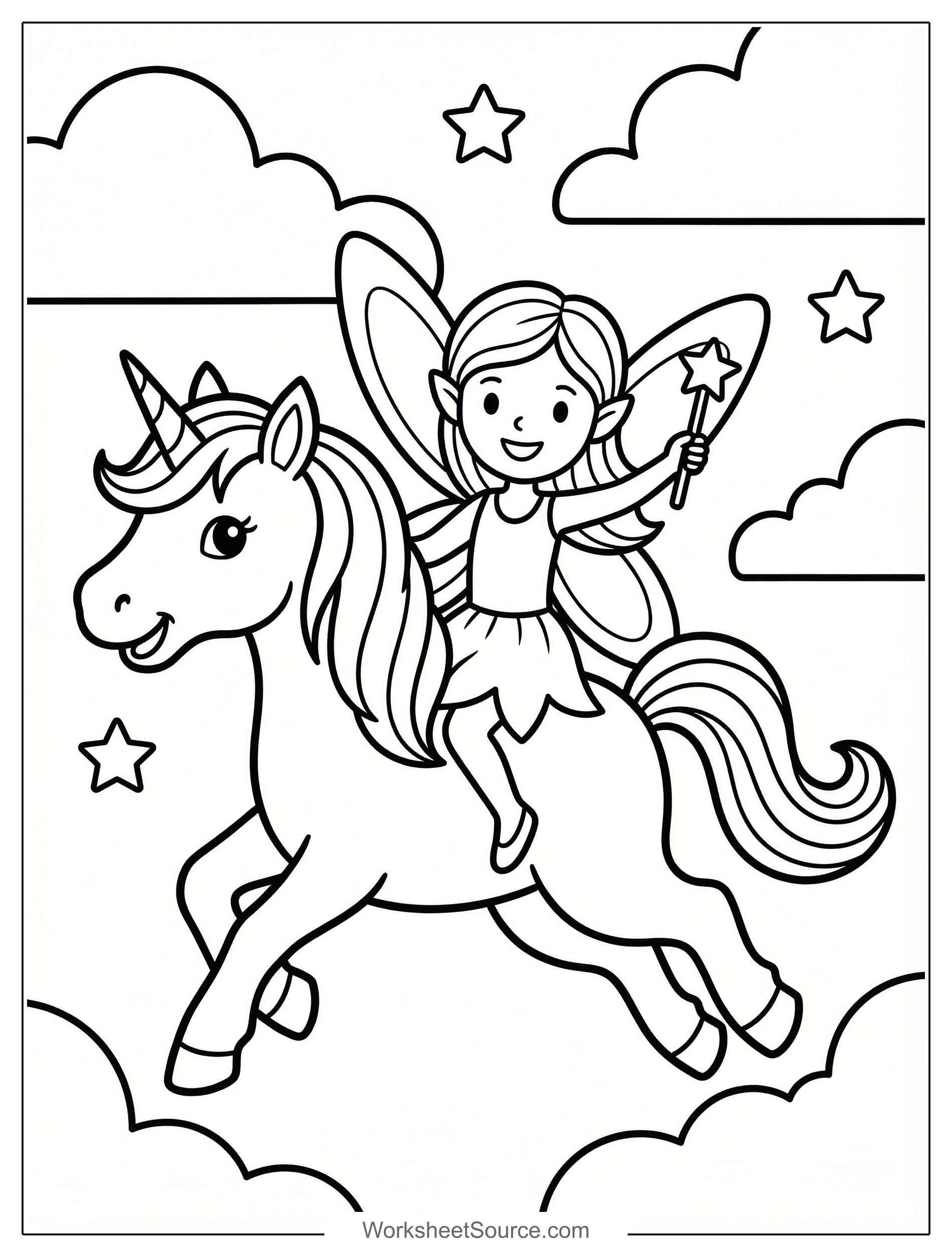 Free printable coloring page showing a unicorn giving a fairy a ride, perfect for kids to practice creativity and fine motor skills