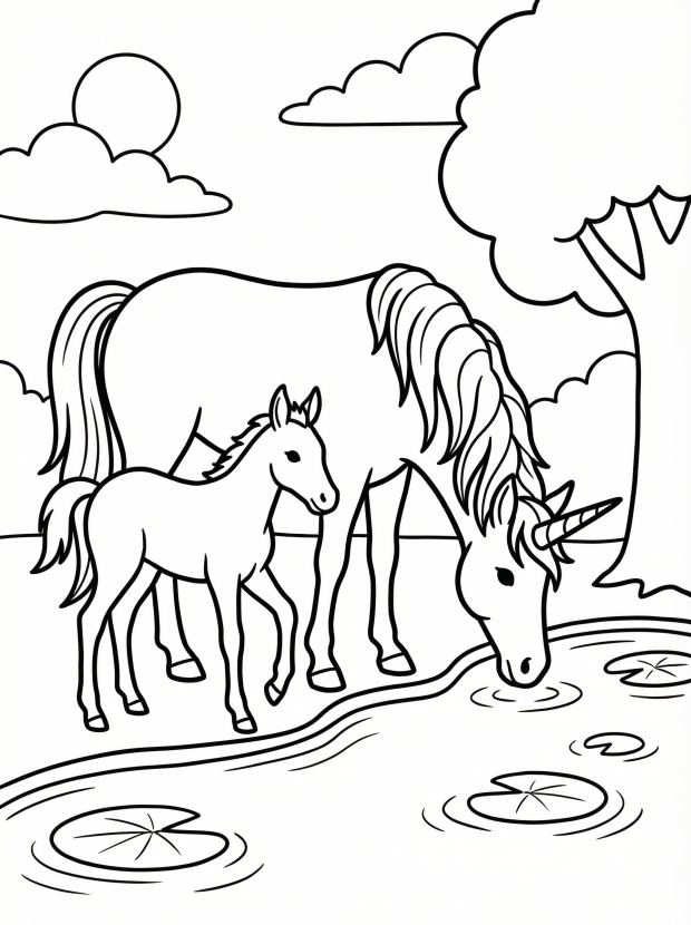 Free printable coloring page showing a unicorn family by a lake, perfect for kids to practice coloring and creativity