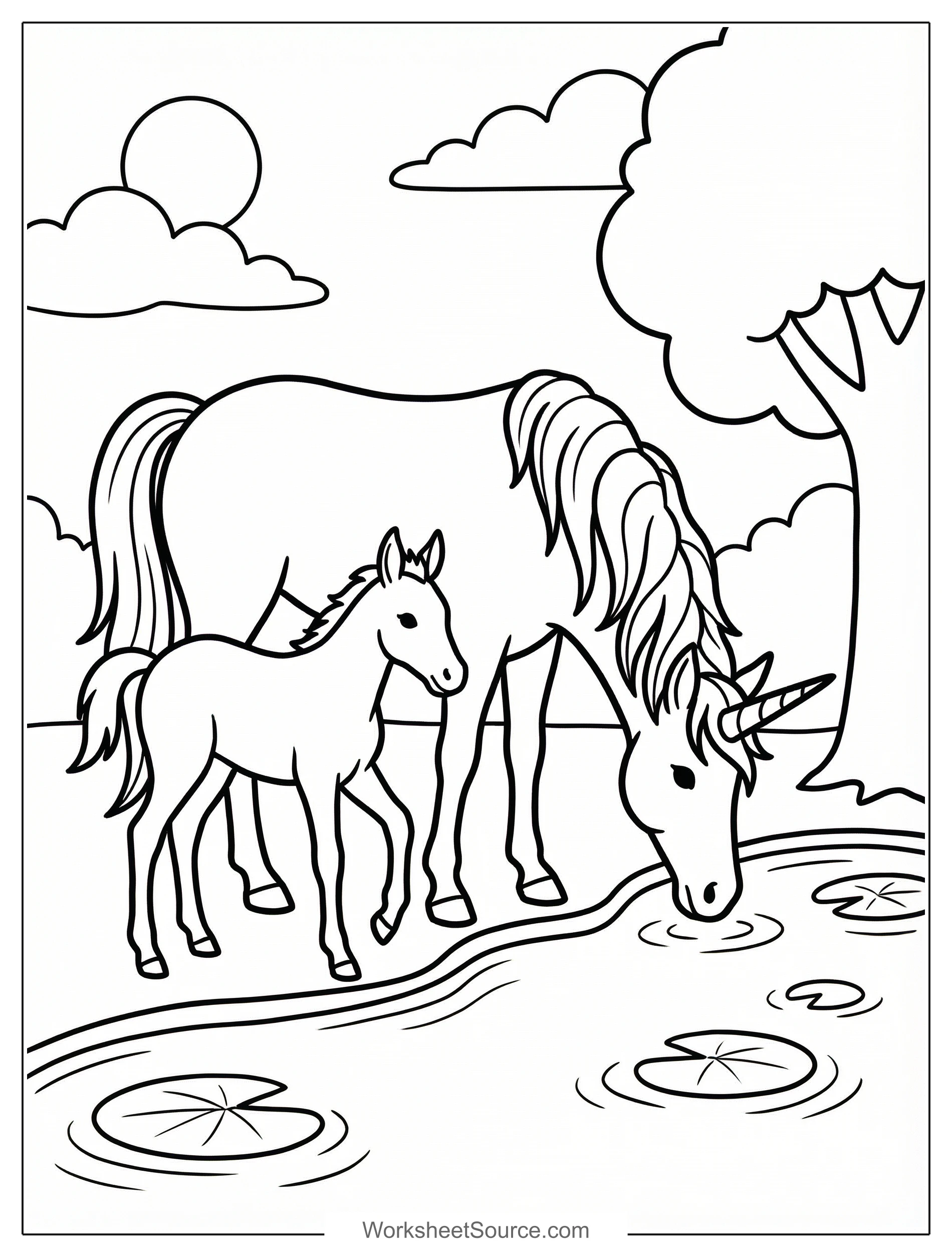 Free printable coloring page showing a unicorn family by a lake, perfect for kids to practice coloring and creativity