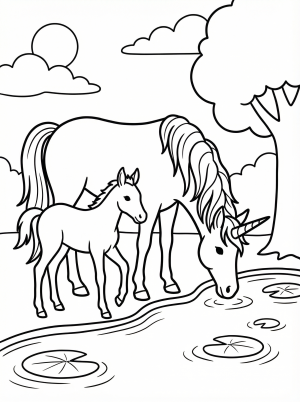 Free printable coloring page showing a unicorn family by a lake, perfect for kids to practice coloring and creativity