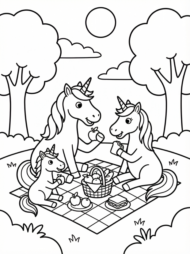 Free printable coloring page showing a unicorn family enjoying a picnic, perfect for kids to practice creativity and fine motor skills
