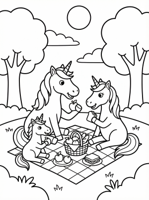 Free printable coloring page showing a unicorn family enjoying a picnic, perfect for kids to practice creativity and fine motor skills