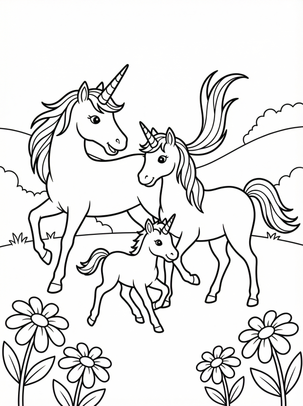 Free printable coloring page showing a unicorn family running through a meadow, perfect for kids to practice coloring and creativity