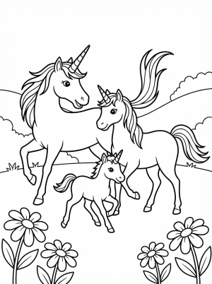 Free printable coloring page showing a unicorn family running through a meadow, perfect for kids to practice coloring and creativity