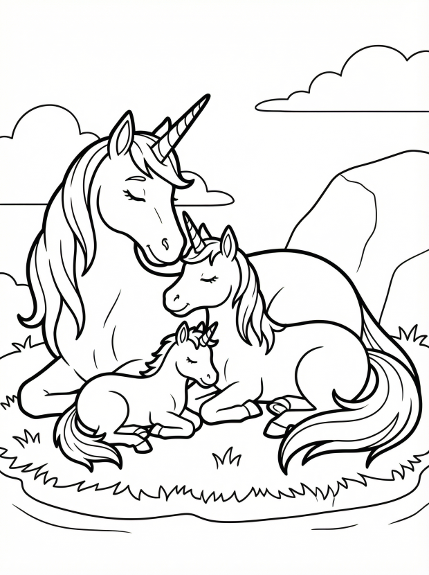 Free printable coloring page showing a sleeping unicorn family together, perfect for kids to practice focus and creativity