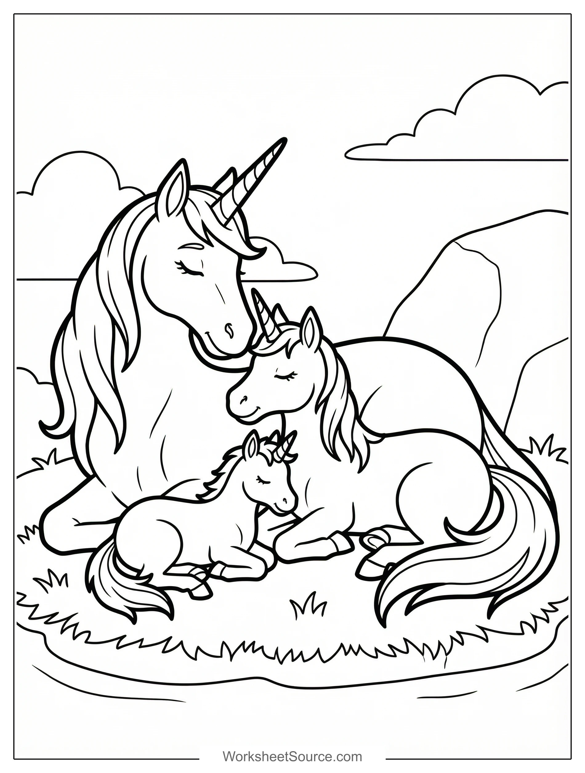 Free printable coloring page showing a sleeping unicorn family together, perfect for kids to practice focus and creativity