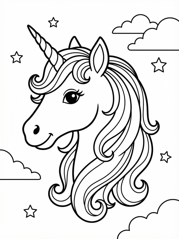 Free printable coloring page showing a unicorn head and flowing mane, perfect for kids to practice coloring and imagination